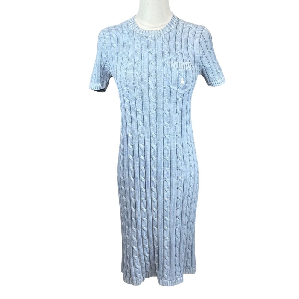 Polo Ralph Lauren Cable Knit Sweater Dress Short Sleeve Midi Light Blue Sz M